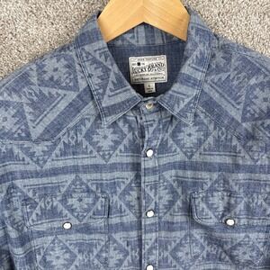 Lucky Brand Men's Large Blue Denim Shirt Pearl Snap Western Aztec Southwestern